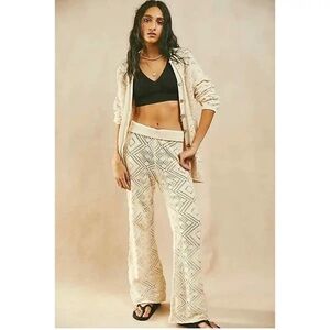 Free People FP Beach Medium Cream Get Away Crochet Knit Cardigan Pants Set